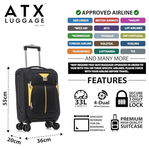 ATX Luggage 55x36x20cm Cabin Suitcase Super Lightweight Small Suitcase Approved for 100+ Airlines Including EasyJet, Ryanair, British Airways & Virgin Atlantic (Black/Yellow, 21 Inches, 45 Liter) — view 2