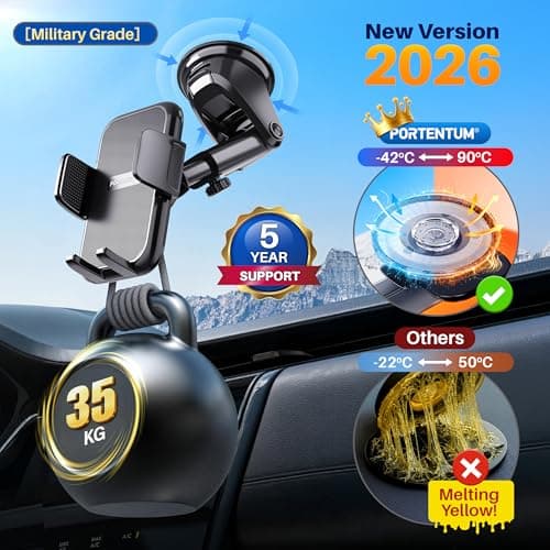 PORTENTUM Car phone holder with reinforced suction base – New 2026 version – 360° Rotation and extendable arm – Dashboard and windscreen mounting – Compatible with any phone 4–7.5" — view 3