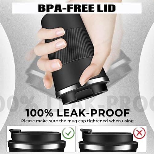 SHENGRUI Travel Mugs, Coffee to go Mug 380ml Insulated Coffee Cup with Leakproof Lid,Reusable Double Walled Coffee Mug,Stainless Steel Thermal Cup for Hot Cold Drinks (Black,380ml) — view 4