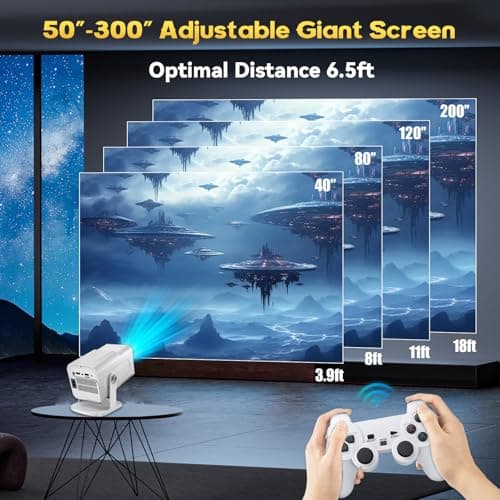 Mini Projector 4K With 2 Wireless Controller, 1920 * 1080p Home Bedroom Cinema Built-in 30000 Games, 200” Protable Smart Video Projector Support IOS/Android/Windows, Auto Keystone, WiFi 6 and BT 5.4 — view 3