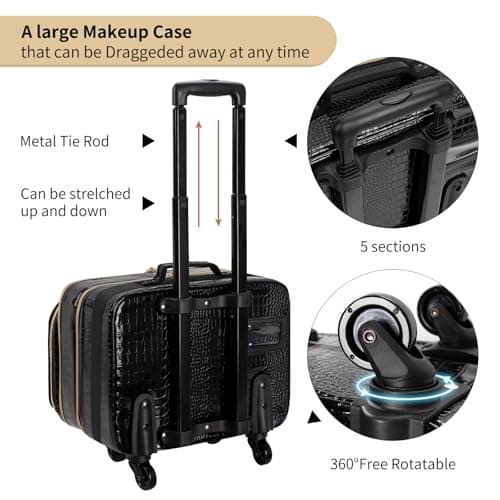 Rolling Makeup Train Case, 18" Carry On Travel Cosmetic Organizer Suitcase,Extra Large Trolley Makeup Storage Case On Wheels,3 Layers with 3pcs Traveling Bags for Hairstylist Cosmetology Artist — view 3