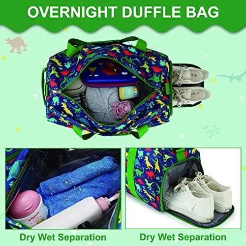 Kids Travel Duffel Bag Boys,19L Sport Bag with Wet-Dry Shoe Pocket,Dinosaur — view 4