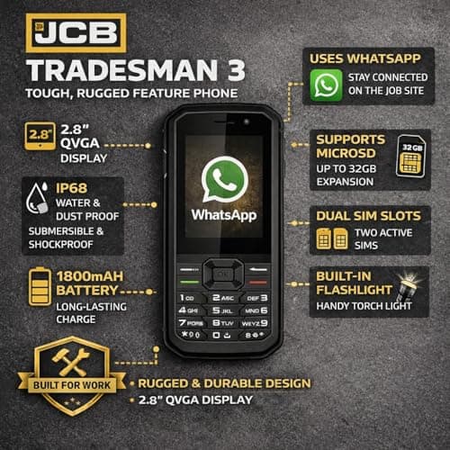 JCB Tradesman 3 4G and WiFi Rugged Feature Phone Waterproof With Whatsapp, Hotspot, Dual-Sim and Bluetooth - Black — view 2