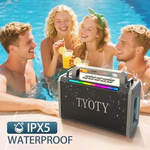 TYOTY Portable Bluetooth Speaker 80W Loud Wireless Outdoor Stereo Sound Deep Bass IPX5 Waterproof Big Powerful Large Party Speakers with Colorful LED Lights, USB for Home Travel Camping (Black) — view 3