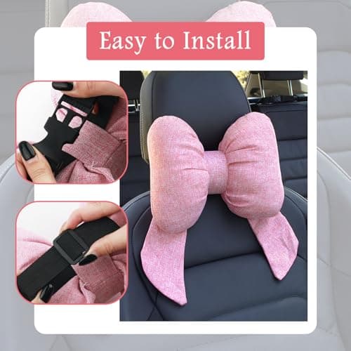 Figpade Cute Bow Car Headrest Pillow,Comfortable & Breathable Car Neck Pillows for Relief Neck Fatigue,Universal Head Rest Pillow for Cars Decoration as Birthday Gifts for Women,Girl (Pink) — view 6