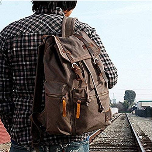 Vintage Unisex Casual Leather Backpack Canvas Rucksack Bookbag Satchel Hiking Backpack Travel Outdoor Shouder Bag (Brown) — view 2