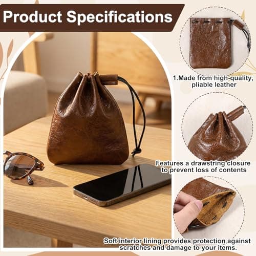 Leather Drawstring Pouch, Leather Storage Bags, Medieval Coin Purse Organizer, Small Waterproof Pouch Vintage Pouches for Earphone Jewelry Men Women Costume Accessories (Brown) — view 6