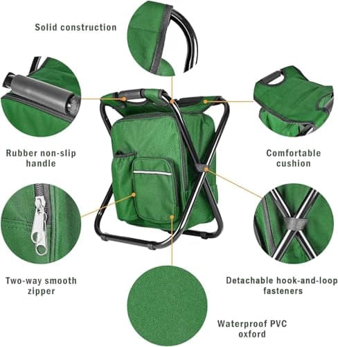 Kikerike Portable Stool Backpack Cooler Chair 300 LBS Max Load Folding Fishing Cooler Backpack Stool for Outdoors Hiking Beach Travel - Army Green — view 5
