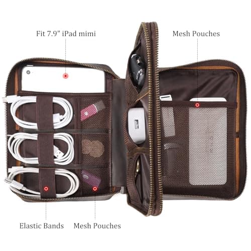Polare Full Grain Leather Travel Cable Organizer Case Electronics Accessories Carry Bag with YKK Zippers All-in-One Storage Bag for Cables, Power Bank, USB, SD Card, Travel Essentials, Dark Brown (M — view 4