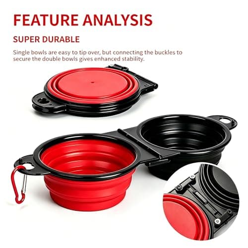 Anti-Tipping Connected Dual Foldable Pet Bowls, 350ml each for small dogs & cats, reinforced rim, collapsible portable food & water feeder, great for walking, hiking, outdoor activities (Black & Red) — view 2