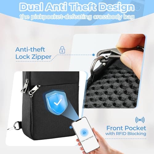 Broadream Anti-Theft Sling Bag for Men, Waterproof RFID Crossbody Shoulder Bag with Security Zipper, Small Crossbody Chest Bag for Men & Women, Mobile Phone Bag for Travel Outdoor Work, blue, Small — view 3
