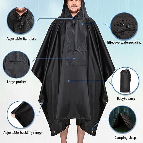 ZONGHUN Rain Poncho Adult Waterproof Raincoat Reusable Emergency Poncho for Men Women with Hood for Hiking, Camping, Outdoor Activities Black — view 4