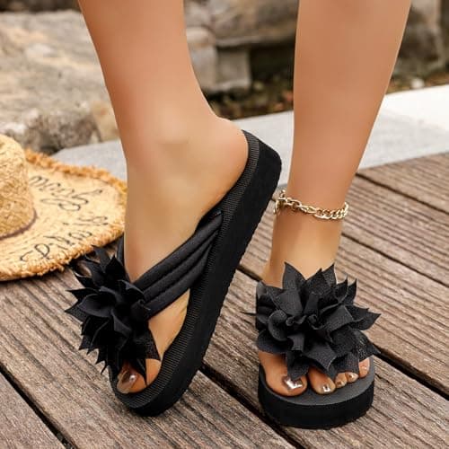Flower Flip Flops Women Beach Slippers Size 5.5 Boho Open Toe Slip on Flat Sandals Summer Comfortable Yoga Mat Thong Sandals for Pool, Travel Vacation Slippers Flower Black Footwear Gift — view 5