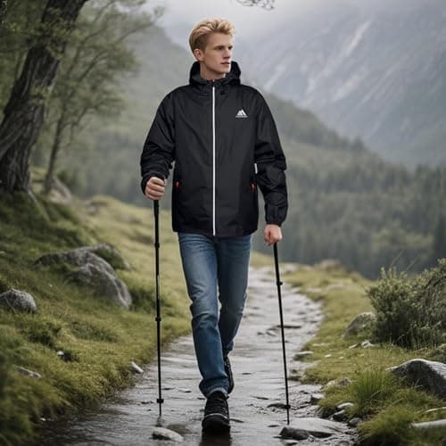 flintronic Men's Lightweight Waterproof Outdoor Jackets, Breathable Packaway Hooded Raincoat, with Reflective Strips, for Golf Fishing Cycling Travel — view 3