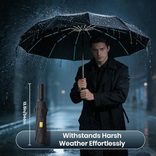 Zukdure Windproof Umbrella, 10-Rib Strong Umbrella Upgraded Reinforced Fibreglass Frame Double-Layer Ventilated Anti-Flip Canopy Quick-Dry Water-Repellent Fabric Travel Business Black — view 2