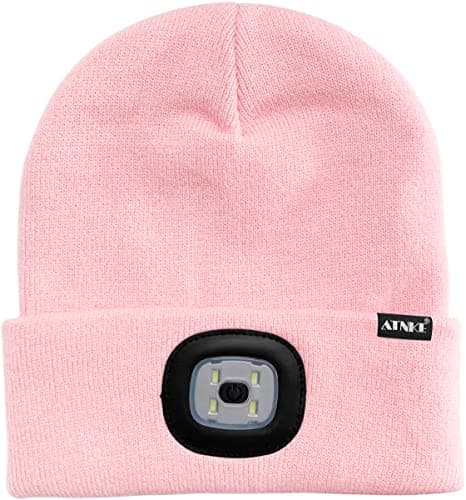 ATNKE Kids LED Lighted Beanie Cap, USB Rechargeable 4 LED Headlamp Waterproof Winter Warmer Knit Night Hats with Light for Boys Girls/Light Pink — view 2