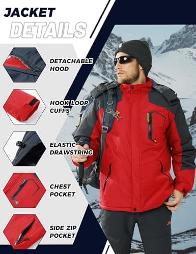 TACVASEN Skiing Jackets Men Waterproof Snowboarding Fleece Thermal Jacket Casual Outdoor Soft Shell Jackets with Zipper Hood Sportswear Red — view 5