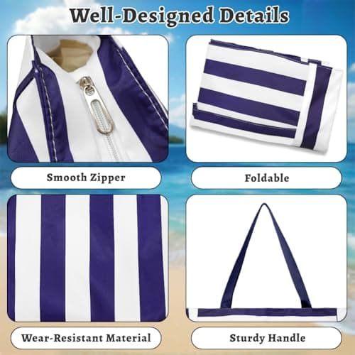flintronic Extra Large Lightweight Beach Bag, Waterproof Beach Tote Bag with Zip, Foldable Shoulder Bag for Women, Reusable Shopping Bag, for Beach Travel Holiday Swimming Picnic,Navy Blue — view 5
