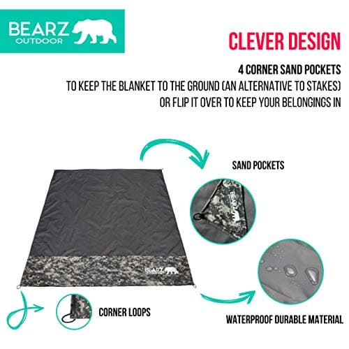 BEARZ Outdoor Pocket Blanket - Beach Blanket Waterproof Sandproof, Picnic Blankets Waterproof Foldable, Lightweight & Compact for Hiking, Camping, Travel, Festival Accessories (Camo) — view 6