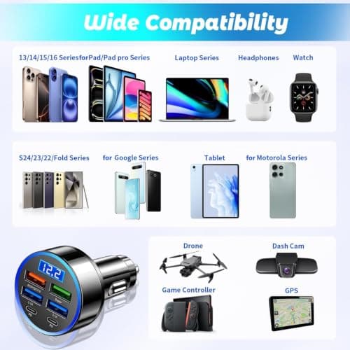 Fast Car Charger, 6 in 1 Super Fast Charging USB C Car Adapter, 12V/24V — view 2