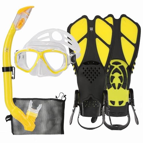 Kids Snorkeling Set with Fins Anti Leak Snorkeling Gear for Kids with Adjustable Flippers, Youth Junior Full Dry Snorkel Set Swimming Goggles with Nose Cover Diving Mask Scuba with Bag, 5-14 Yrs