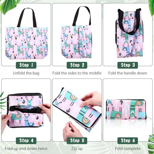 Yoojahow 12 Pcs Summer Reusable Shopping Bags Foldable Grocery Bags with Handles Zippers Large Capacity Grocery Bags Waterproof Beach Tote Bags for Women Work Gym Beach Groceries, Multi Colors — view 6