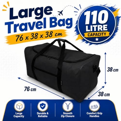 Large 110L Travel Duffel Bag Black Holdall Sports Gym Camping Luggage — view 3