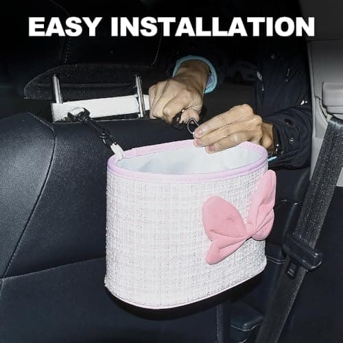 JSCARLIFE Car Seat Back Hanging Bag,PU Leather Car Back Seat Organizer Hanging Cotton and linen fabric Car Storage Box Travel Tidy Pouch Pocket Car Trash Can for Most Vehicles (Pink) — view 5
