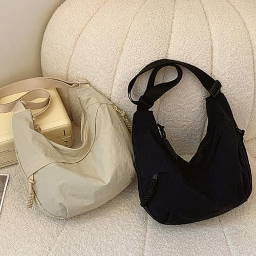 EHOTER Crescent Bag for Women Half Moon Bags Nylon Dumpling Sling Crossbody Bags for Travel Multi Pockets Crescent Cross Body Bag for School Travel Shopping Work (Beige) — view 3