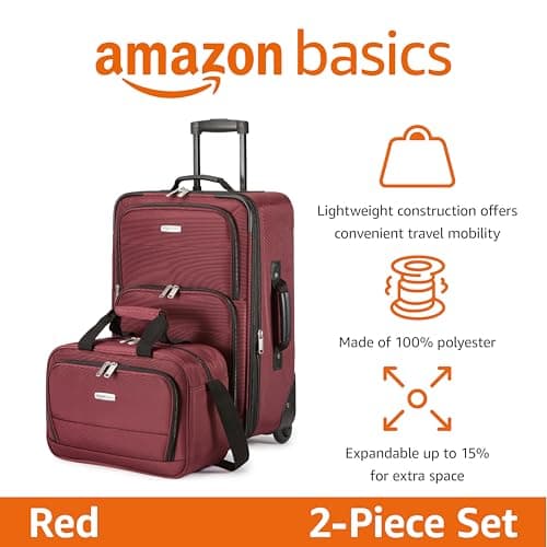 Amazon Basics 2-Piece Luggage Set, Expandable Cabin Suitcase (58 cm) and Tote Bag (25 cm), Soft Shell Suitcase with Wheels, Lightweight Polyester, Red, for Travel Work Weekend Breaks — view 2