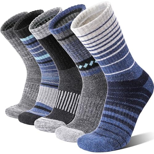 Welwoos Merino Wool Walking Hiking Socks for Women Men Thermal Winter Warm Cosy Crew Work Gift Socks Stocking Fillers 5 Pairs(Blue, 3-7)