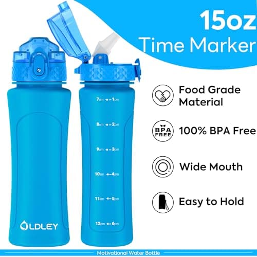 OLDLEY 450ml/15oz Water Bottle with Straw Reusable Drink Bottles with Times Markings for School Home Camping Outdoor Sports BPA Free Leakproof Durable — view 5