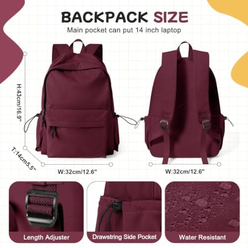 HYC00 School Backpack Womens Secondary Causal Travel High School Bags for Teenage Girls Boys 14 Inch Laptop Backpack Rucksack Bag for Women College Bags Water Resistant Bookbag Work Back Pack,A5-Red — view 2
