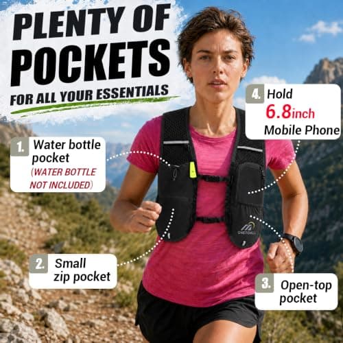 ONETOALL Running Vest Women with Water Bottle 500ml/Bladder 2L, 6L Reflective Hydration Backpack Mens, Lightweight 150g for Trailrunning Hiking Marathon (Black with Soft Flask) — view 4