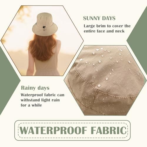 ehsbuy Sun Bucket Hats for Women UV Protection Wide Brim Foldable Ladies Waterproof Summer Hat with Adjustable Chin Strap for Beach Outdoor Fishing Safari Travel Khaki — view 4
