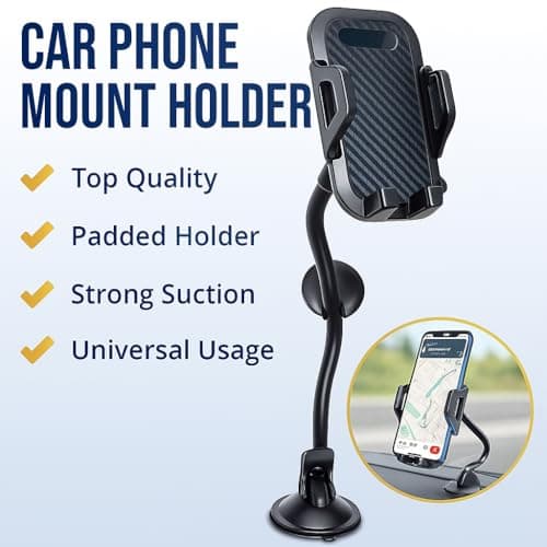 plastific Universal Car Phone Mount Holder for 3" 7" Cell Phones | Flexible Arm with Strong Suction Cup | Dashboard & Windshield Stand | PVC Material | 360 Rotation, Secure Grip — view 3