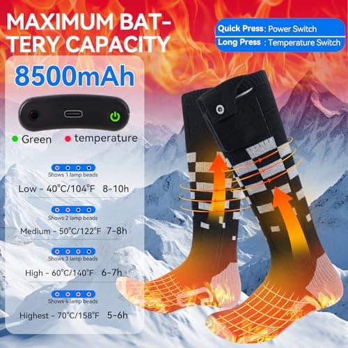 Olycism Heated Socks 8500mAh Battery Rechargeable Electric Heated Socks for Men Women 4 Temperature Adjustable Outdoor Riding Camping Hiking Motorcycle Skiing Warm Winter Socks，Size-L. — view 2