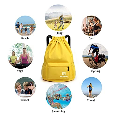 JSNOM Drawstring Gym Bags Waterproof : Large Sports Travel Yoga School Rucksack Backpack with Zip Pocket for Men Women — view 6