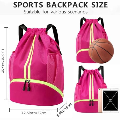 DDSHUN Drawstring Backpack, Waterproof Gym Bag, Unisex Large Oxford PE Pack Students School Backpack Swimming Bag Durable Sports Ball Bag with Shoe Bags (Rose Red) — view 2