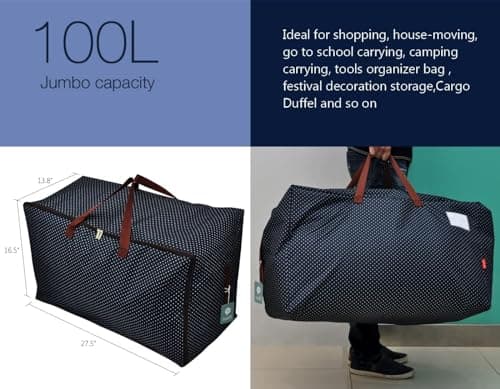 Pack of 3, 100L Sturdy Travel Duffle Storage Bags for Clothing, Wedding Dress, College Dormitory, House Moving, Go-To-School Carry Bags with Zip Closure & Sturdy Handles, Blue — view 2