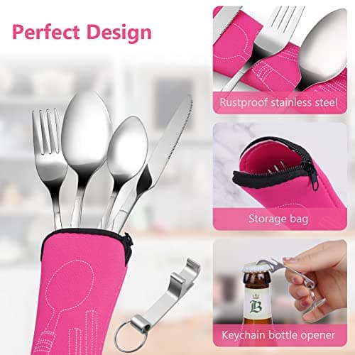 Vicloon 5PCS Camping Cutlery Set, Stainless Steel Flatware Set with Bottle Opener, Travel Cutlery Set Spoon Knife and Fork for Camping Picnic Office School Lunch (Rose Red) — view 3