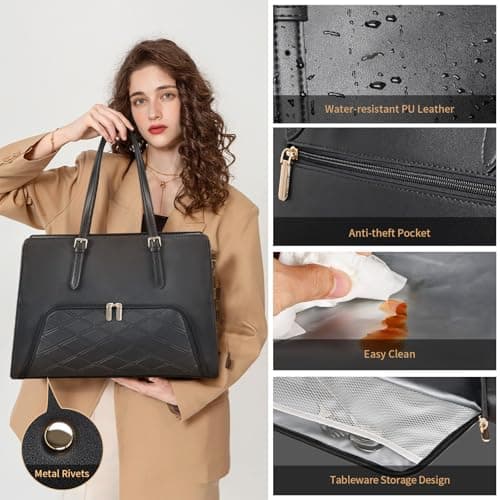 Jetviivid Laptop Tote Bag with Insulated Lunch Compartment, PU Leather Briefcase for Women, Waterproof Laptop Handbag Computer Shoulder Bag for Business, Office, Work (Black, 15.6 inch) — view 6