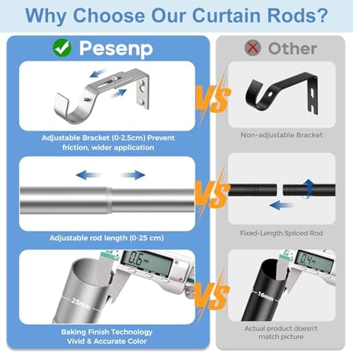 PeSenp Curtain Poles 77-380cm, 25mm Diameter Silver Extendable Curtain Pole — view 6