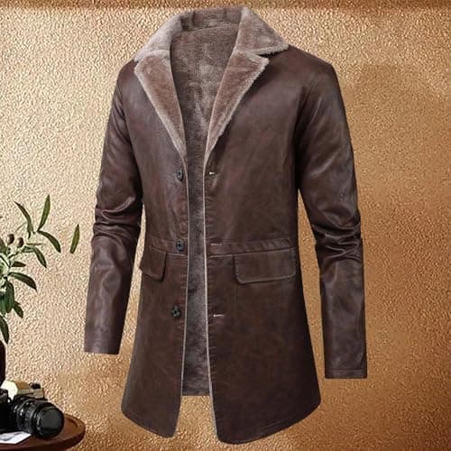 DASONLUE Men's Leather Jacket Winter Turn-Down Collar Fleece Jackets Plain Parka Jacket with Fleece Lined Slim Fit Winter Jackets Faux Leather Thermal Jacket with Buttons, brown, L — view 2