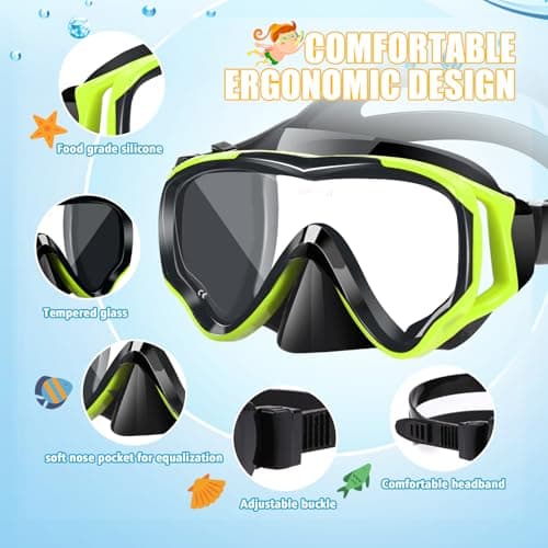 HIKOTEY Children's Snorkel Set,Panoramic Wide View Diving Mask,Snorkeling Gear Anti-Leak and Anti-Fog Tempered Glass Lens,Dry Snorkel Tube,Includes Earplugs and Nose Clip for Age 4-16 Years(Yellow) — view 2