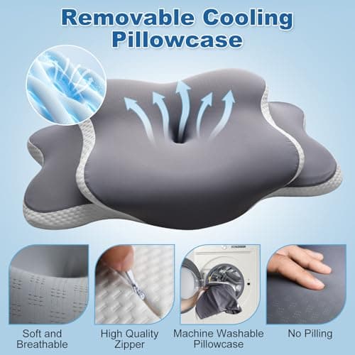 EvenVentric Neck Support Pillow - Contoured Cervical Pillow for Neck Comfort, Memory Foam Pillow for Side, Back and Stomach Sleepers, with Cooling Removable Pillowcase, Grey — view 4