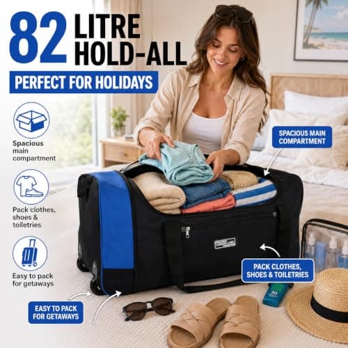 Large Holdall with Wheels, 82L Wheeled Duffle Bag, Black Rolling Travel Bag, Soft Luggage with Zipped Pockets for Holidays, Weekend Trips, Sports, Gym & Overnight Travel — view 2