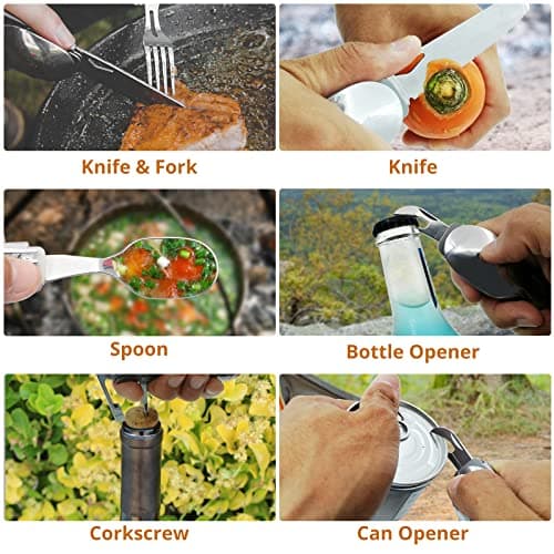 HONZIN Folding Camping Cutlery Set, 5 in 1 Multifunctional Portable Stainless Steel Cutlery, Outdoor Detachable Tableware Utensil for Travel, Hiking, Picnic, with Drawstring Pouch (1 Pack) — view 6