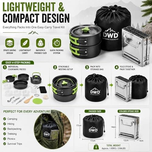 DWD® Complete Outdoor Cooking Kit – 16-Piece Camping Cookware Set with Pots, Pans, Kettle, Folding Stainless Steel Stove, Multi-Fuel Grill, and Travel Bag for Camping, Hiking, Backpacking, and Picnics — view 3