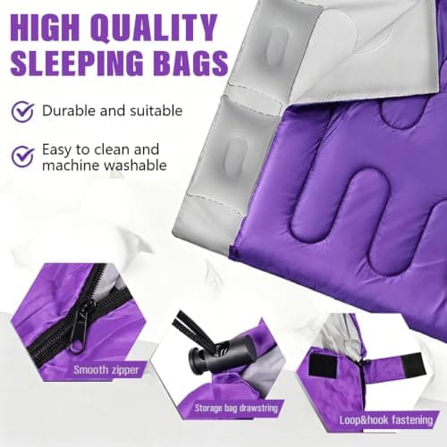 Sleeping Bag, 3-4 Season Double Sleeping Bag with 2 Pillows Camping Travel, Extra Large Lightweight Waterproof Indoor & Outdoor Use for Adults for Hiking, Backpacking and Camping (Purple Double) — view 4